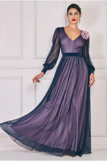 Corsage V-Neck Dobby Mesh Maxi Goddiva
